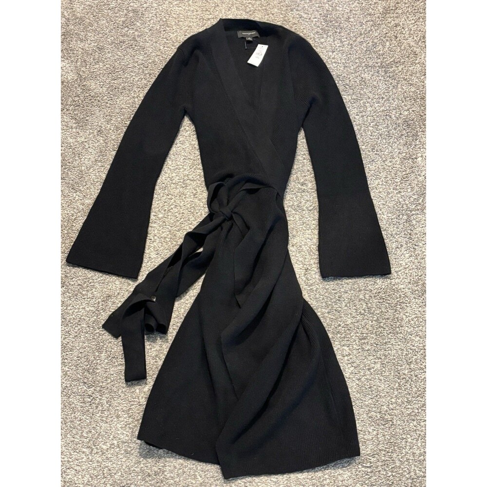 Banana Republic Sweater Dress Size Small Petite Black Ribbed Wrap Knee Length - Picture 4 of 9